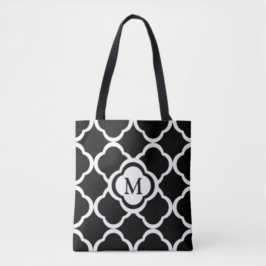 Monogram zwart en wit Quatrefoil patroon Tote Bag (Voorkant)