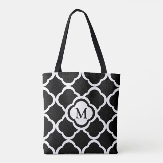 Monogram zwart en wit Quatrefoil patroon Tote Bag (Achterkant)