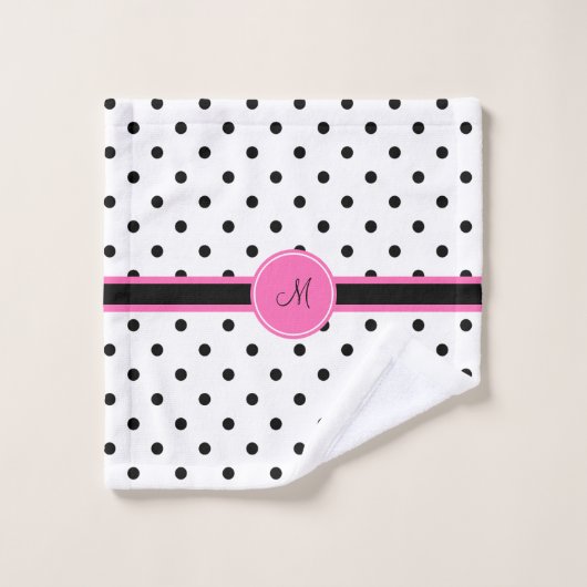 Monogram zwart en witte poka dot met warmroze bad handdoek (Wasdoekje)