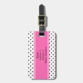 Monogram zwart en witte poka dot met warmroze bagagelabel (Voorkant verticaal)