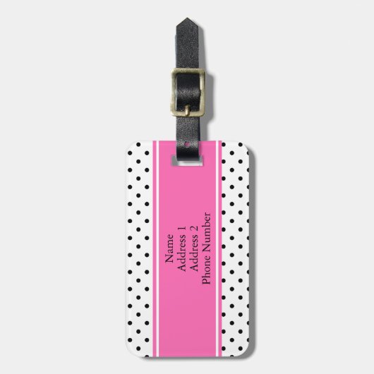Monogram zwart en witte poka dot met warmroze bagagelabel (Voorkant verticaal)