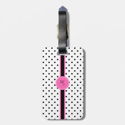 Monogram zwart en witte poka dot met warmroze bagagelabel (Achterkant verticaal)