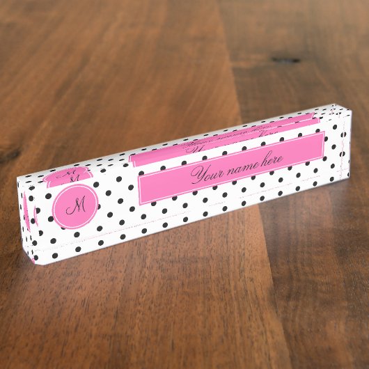 Monogram zwart en witte poka dot met warmroze naambordje (Zijkant)