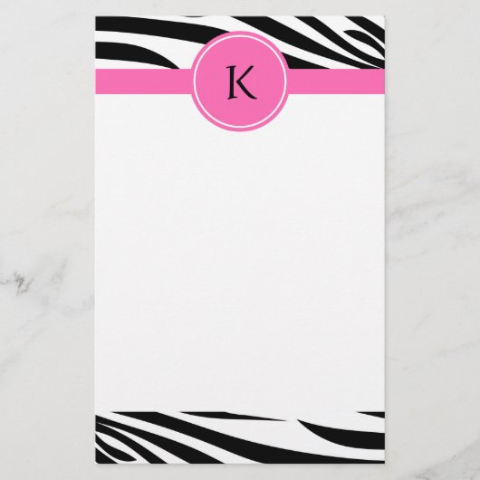 Monogram zwart en witte Zebra Druk met Hot Pink Briefpapier (Voorkant)