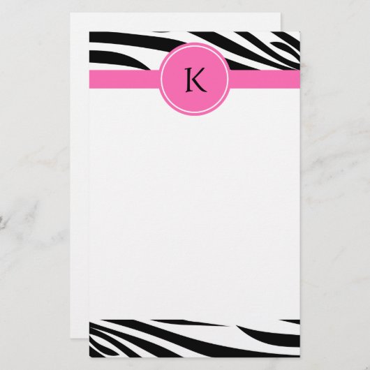 Monogram zwart en witte Zebra Druk met Hot Pink Briefpapier (Voorkant / Achterkant)