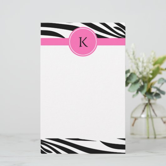 Monogram zwart en witte Zebra Druk met Hot Pink Briefpapier (Staand voorkant)