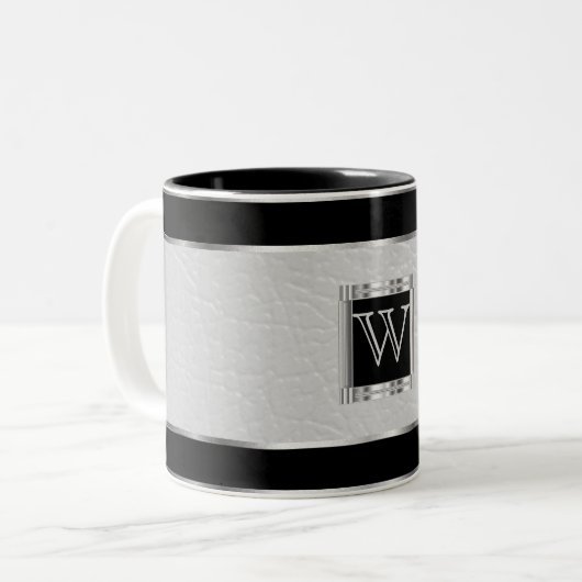 Monogram zwart en zilver en kunstleder tweekleurige koffiemok (Voorkant links)