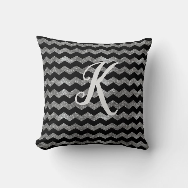 Monogram Zwart en Zilver Glitter Chevron Kussen (Voorkant)