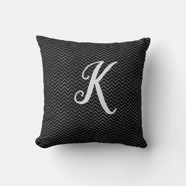 Monogram Zwart en Zilver Glitter Chevron Kussen (Voorkant)
