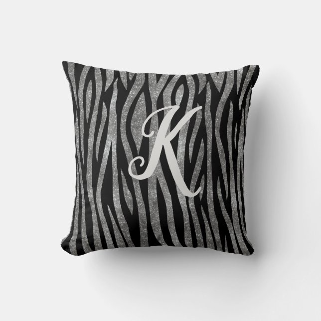 Monogram zwart en zilver Glitter Zebra Afdrukken Kussen (Voorkant)
