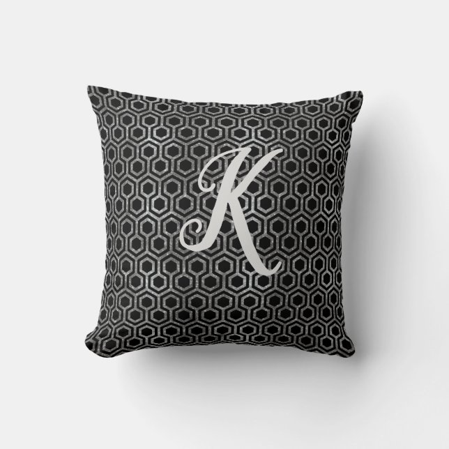 Monogram zwart en zilver glitter zeshoek kussen (Voorkant)