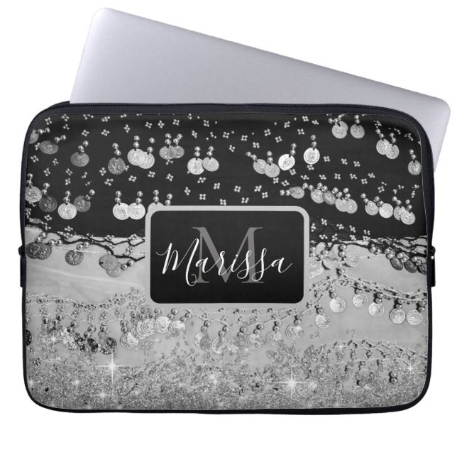 Monogram zwart en zilvergips laptop sleeve (Voorkant)
