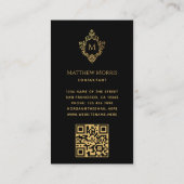 Monogram Zwart Faux Gold Crest Elegant QR op rug Visitekaartje (Achterkant)