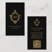 Monogram Zwart Faux Gold Crest Elegant QR op rug Visitekaartje (Voorkant / Achterkant)
