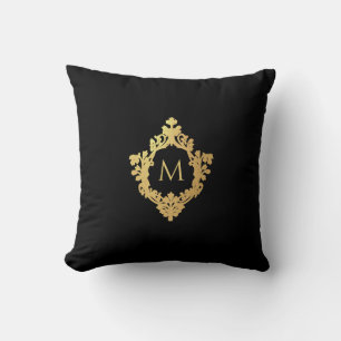 Monogram Zwart Faux Gold Crest Elegant Vintage Kussen