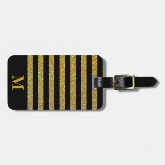 Monogram Zwart / Faux Gold Glitter Stripe Bagagelabel (Voorkant horizontaal)