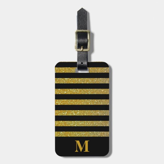 Monogram Zwart / Faux Gold Glitter Stripe Bagagelabel (Voorkant verticaal)