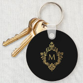 Monogram Zwart Faux Goud Elegant  Crest Sleutelhanger