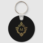 Monogram Zwart Faux Goud Elegant  Crest Sleutelhanger (Voorkant)