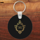 Monogram Zwart Faux Goud Elegant  Crest Sleutelhanger (Voorkant)