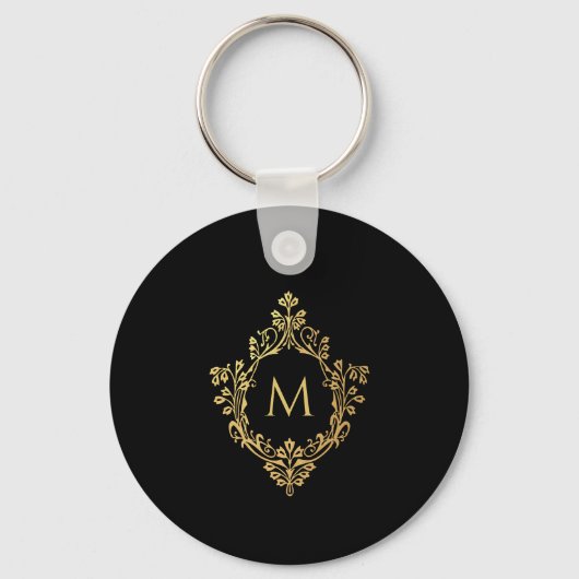 Monogram Zwart Faux Goud Elegant  Crest Sleutelhanger (Achterkant)