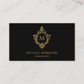 Monogram Zwart Faux Goud Elegant Crest Visitekaartje (Voorkant)