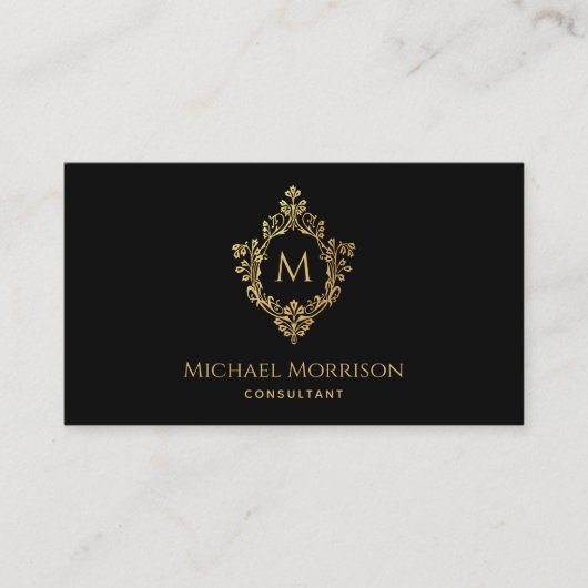 Monogram Zwart Faux Goud Elegant  Crest Visitekaartje (Voorkant)