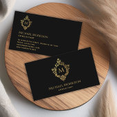Monogram Zwart Faux Goud Elegant Crest Visitekaartje