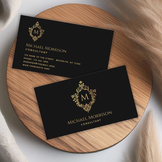 Monogram Zwart Faux Goud Elegant Crest Visitekaartje