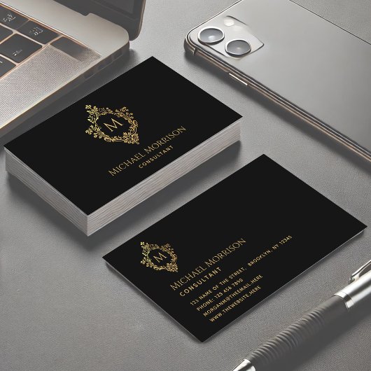 Monogram Zwart Faux Goud Elegant Crest Visitekaartje
