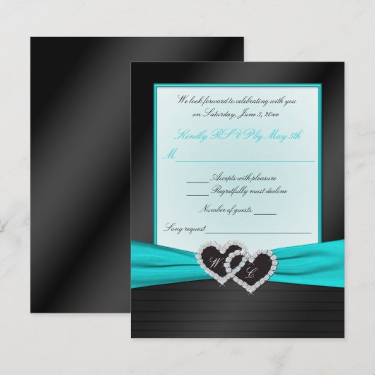 Monogram zwart FAUX Satin Pleats met Aqua RSVP (Voorkant / Achterkant)