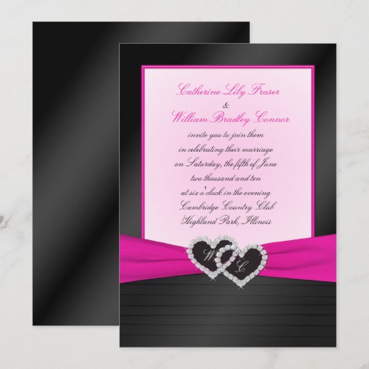 Monogram zwart FAUX Satin Plezier met roze uitnodi Kaart (Voorkant / Achterkant)