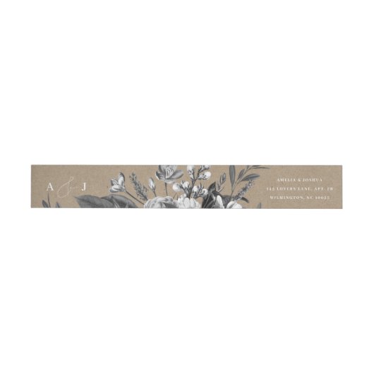 Monogram zwart Floral Kraft Return Address (Individueel)