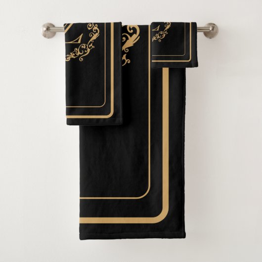 Monogram zwart Gold Border Design Monogram Bad Handdoek (Insitu)