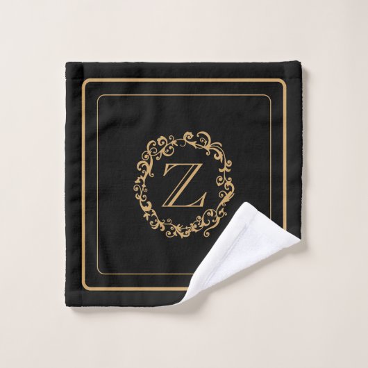 Monogram zwart Gold Border Design Monogram Bad Handdoek (Wasdoekje)