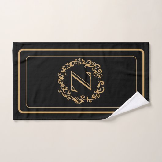 Monogram zwart Gold Border Design Monogram Bad Handdoek (Handdoek)