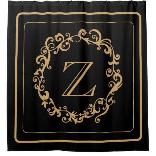 Monogram zwart Gold Border Design Monogram Douchegordijn (Voorkant)