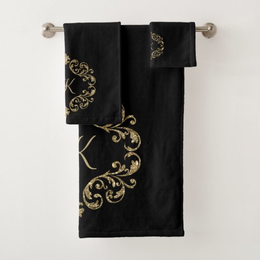 Monogram zwart Gold Glitter Trendy Chic Stylish Bad Handdoek (Insitu)