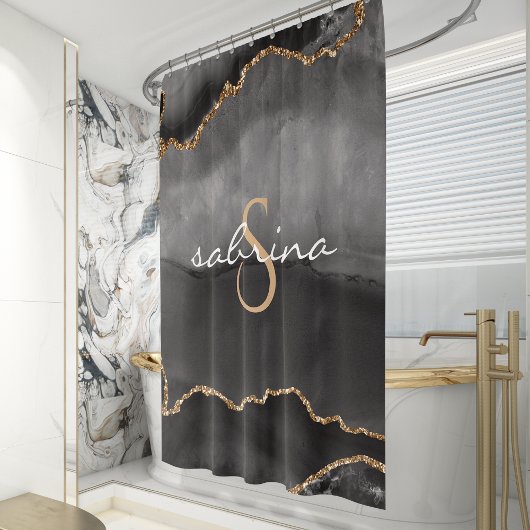 Monogram Zwart Goud Agaat Geode Douchegordijn