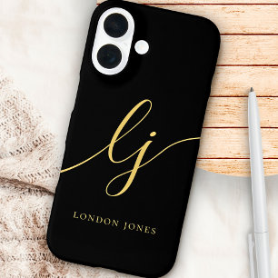 Monogram Zwart Goud Calligrafie Schrift Initialen iPhone 16 Hoesje