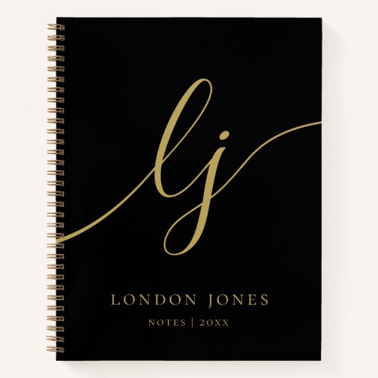 Monogram Zwart Goud Calligraphy 2 Initialen Script Notitieboek (Voorkant)