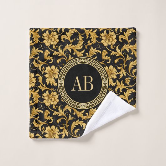 Monogram Zwart Goud Classy Elegant Patroon Bad Handdoek (Wasdoekje)