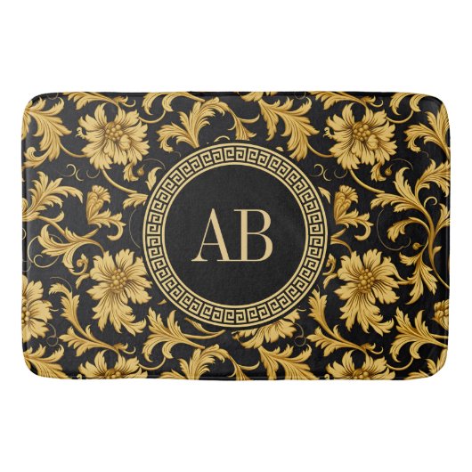 Monogram Zwart Goud Classy Elegant Patroon Badmat (Voorkant)