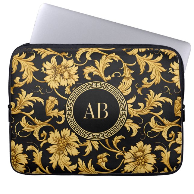 Monogram Zwart Goud Classy Elegant Patroon Laptop Sleeve (Voorkant)