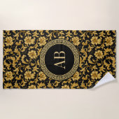 Monogram Zwart Goud Classy Elegant Patroon Strandlaken (Voorkant)