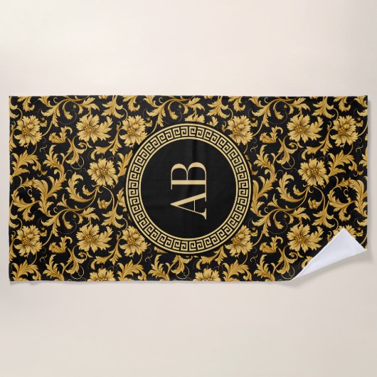 Monogram Zwart Goud Classy Elegant Patroon Strandlaken (Voorkant)
