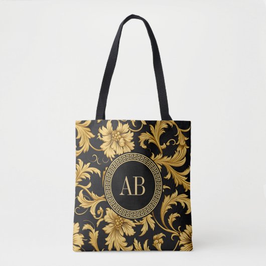 Monogram Zwart Goud Classy Elegant Patroon Tote Bag (Voorkant)