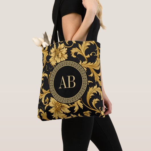 Monogram Zwart Goud Classy Elegant Patroon Tote Bag (Dichtbij)