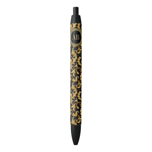 Monogram Zwart Goud Classy Elegant Patroon Zwarte Inkt Pen (Voorkant Verticaal)