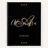Monogram Zwart Goud Elegant Script Naam Recept Notitieboek (Voorkant)